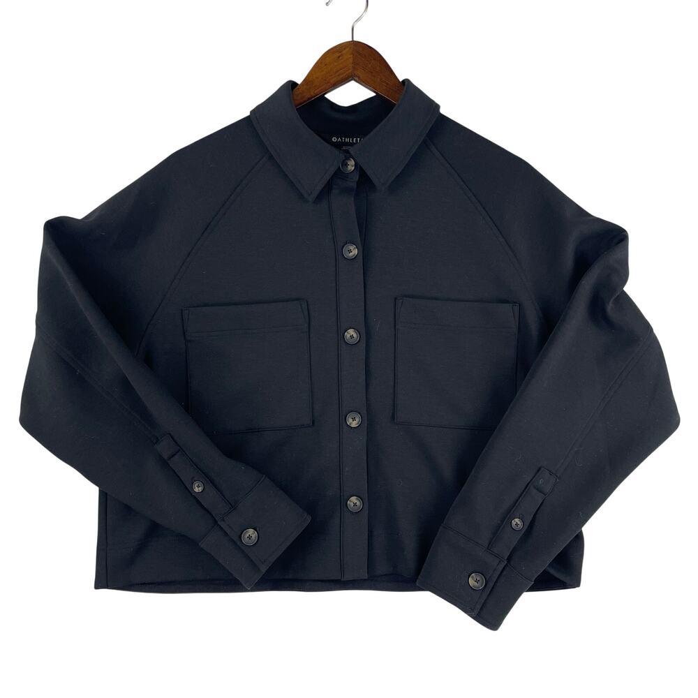 Athleta Womens Allure Shirt Jacket SZ M Black Cropped Button Front Shacket